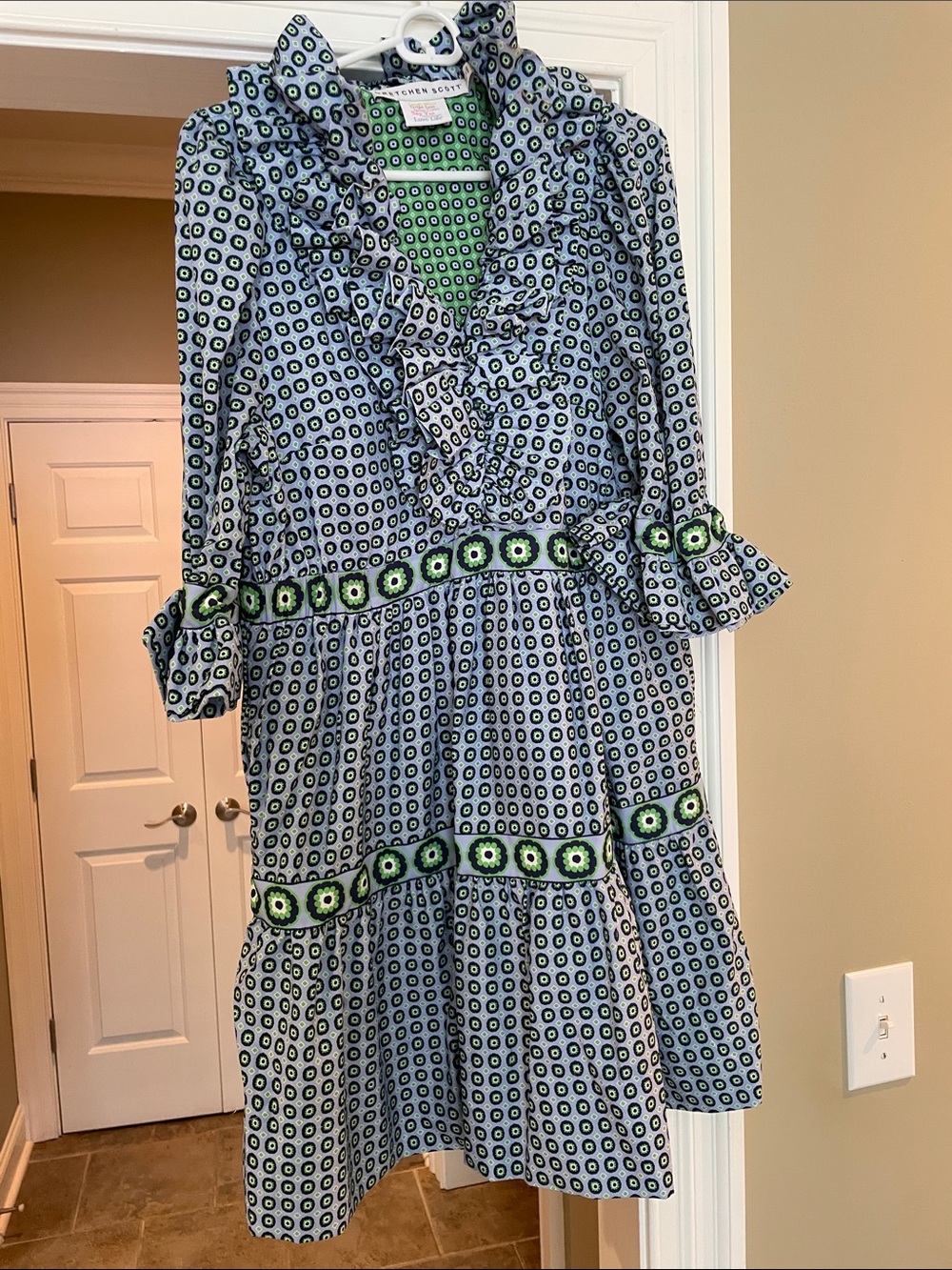 Gretchen Scott Designs Blue and Green Printed Ruffle Mini Dress
